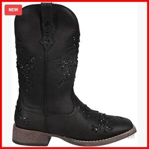 Faux Leather Mid Calf Pull On Boots with Glitter Tooled Inlay Square Toe